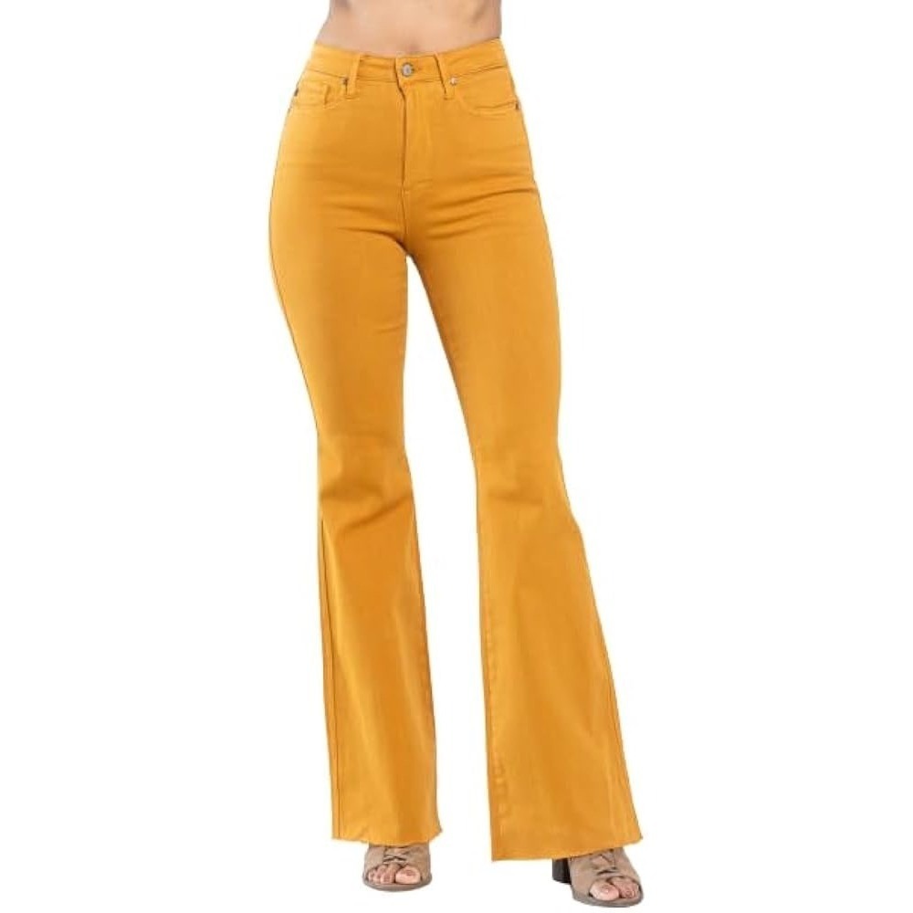 Judy Blue Marigold Yellow High Waist Tummy Control Flare Jeans Raw Hem 16W
